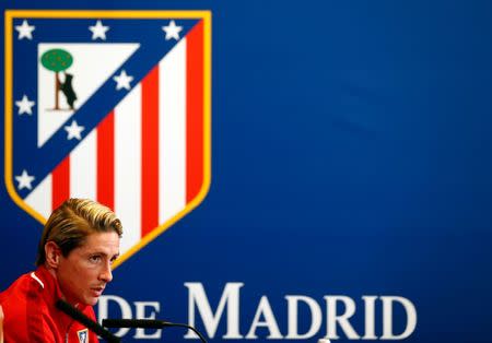 Atletico Madrid's Fernando Torres during news conference prior to UEFA Champions League semi-final match against Bayern Munich. Atletico Madrid v Bayern Munich - Vicente Calderon stadium, Spain - 26/04/16. REUTERS/Michael Dalder