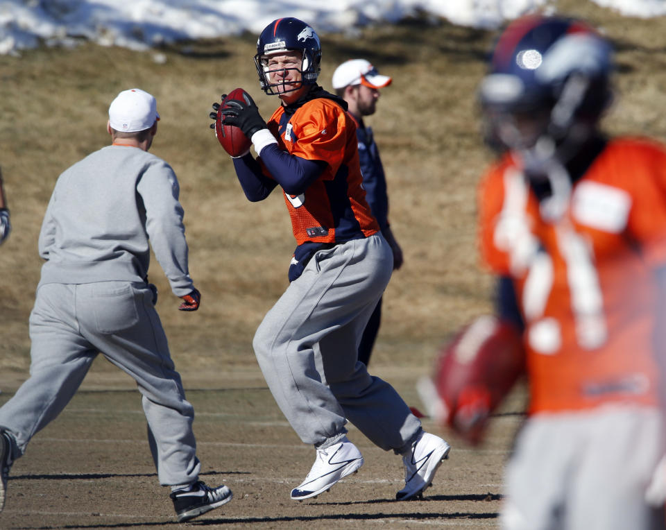 Denver Broncos quarterback Peyton Manning sets up to throw a pass during NFL football practice at the team's training facility in Englewood, Colo., on Friday, Jan. 24, 2014. The Broncos are scheduled to play the Seattle Seahawks in Super Bowl XLVIII on Feb. 2. (AP Photo/Ed Andrieski)