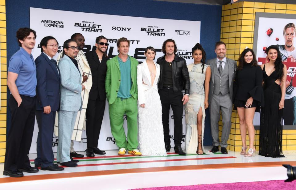 Brad Pitt posing with some of his Bullet Train cast mates in LA (Getty Images)