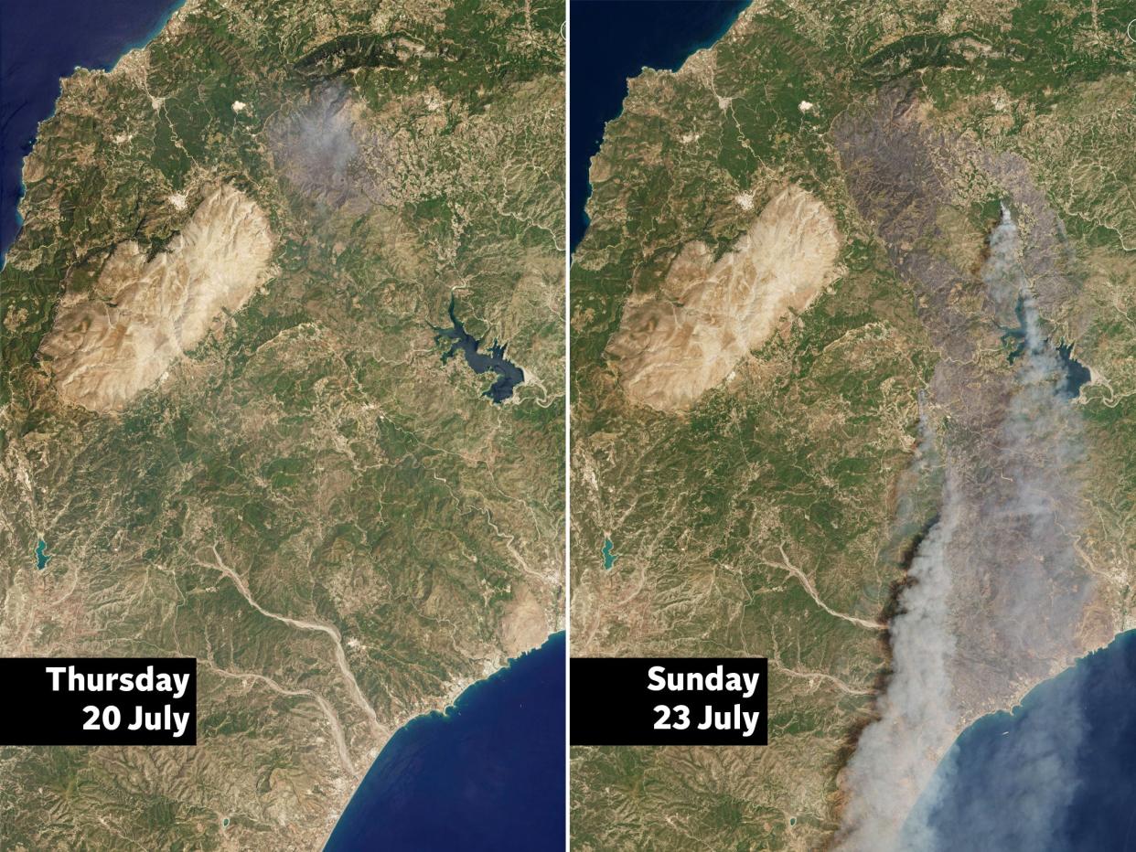 Satellite images show wildfires in Rhodes, Greece, on 20 and 23, 2023 (Planet Labs PBC/Reuters)