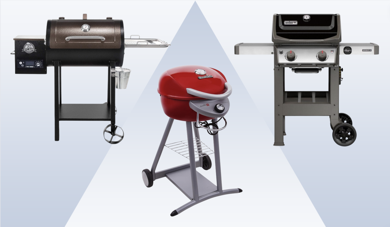 A Traeger smoker, Char-Broil electric grill and Weber gas grill are shown lined up for Yahoo Life's guide to the best grills.