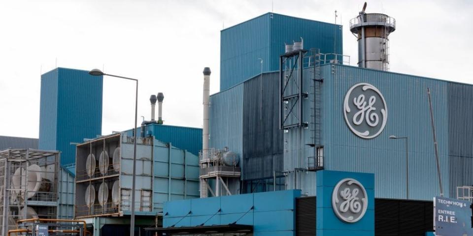 General Electric logo and buildings are pictured, in Belfort, eastern France