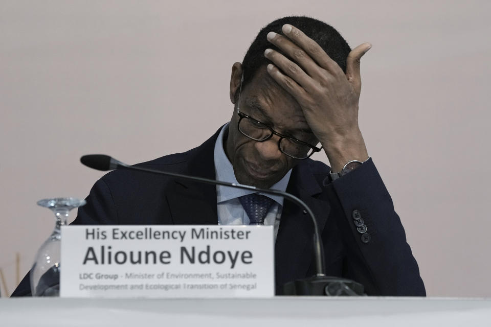 Alioune Ndoye, minister of environment, sustainable development and ecological transition of Senegal, attends a news conference on loss and damage finance inaction at the COP27 U.N. Climate Summit, Thursday, Nov. 17, 2022, in Sharm el-Sheikh, Egypt. (AP Photo/Nariman El-Mofty)