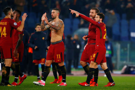 Soccer Football - Champions League - Roma vs Qarabag - Stadio Olimpico, Rome, Italy - December 5, 2017 Roma's Daniele De Rossi and Alessandro Florenzi after the match REUTERS/Tony Gentile