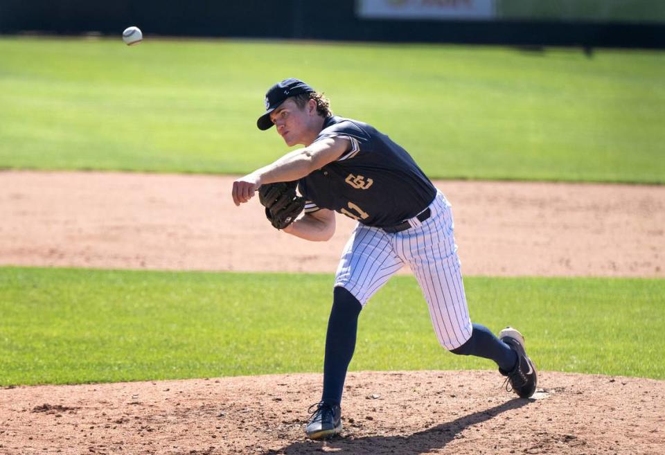 TP Wentworth threw seven innings for Central Catholic, striking out 11 batters during game with Gregori in the Modesto Nuts High School Baseball Showcase at John Thurman Field in Modesto, Calif., Saturday, March 16, 2024.