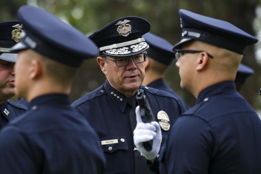 Los Angeles, CA - June 03: LAPD Chief Michel Moore inspects a Recruit Class 11-21 graduating class at a ceremony at Los Angeles Police Academy on Friday, June 3, 2022 in Los Angeles, CA. (Irfan Khan / Los Angeles Times)