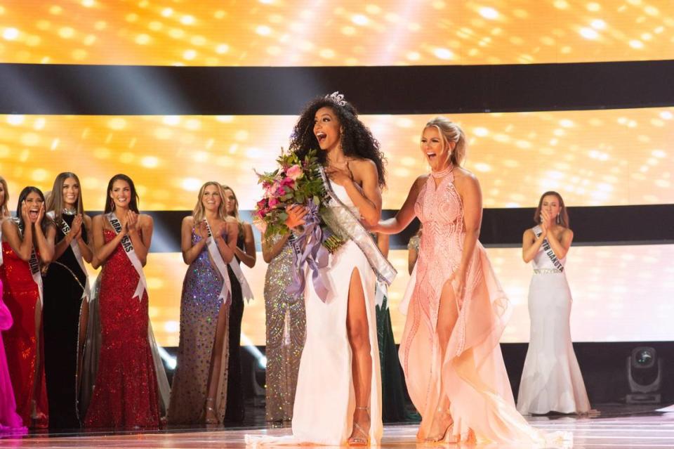 Cheslie Kryst, Miss North Carolina USA 2019, as she was crowned the new Miss USA by Miss USA 2018, Sarah Rose Summers on May 2, 2019.