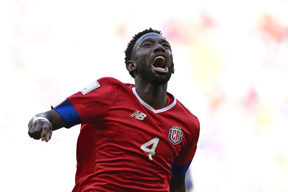 Costa Rica's defender Keysher Fuller celebrates scoring his team's first goal during the Qatar 2022 World Cup Group E football match between Japan and Costa Rica at the Ahmad Bin Ali Stadium in Al-Rayyan.