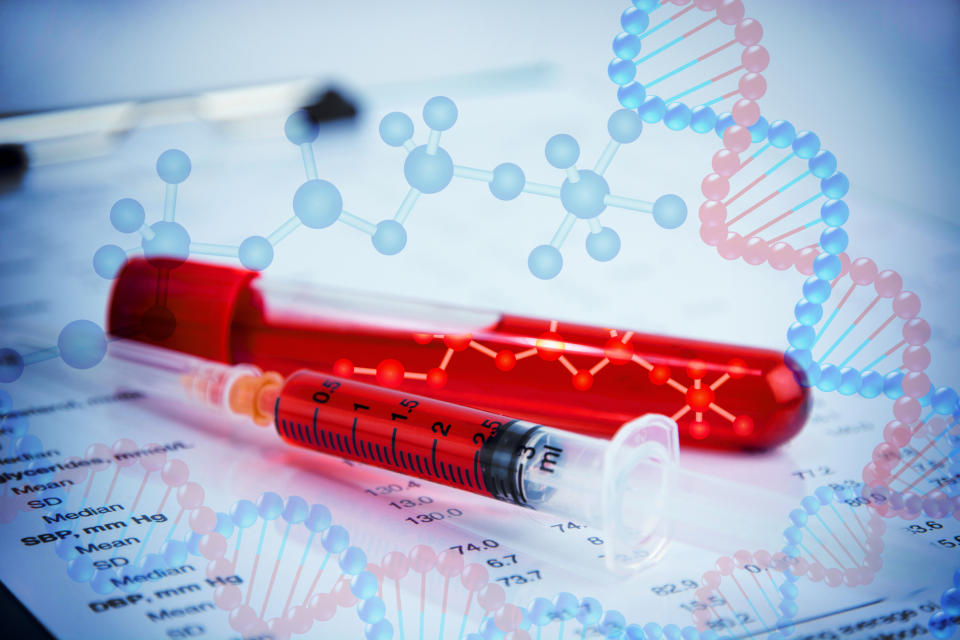 Blood sample collection tube and syringe with image of DNA in the background