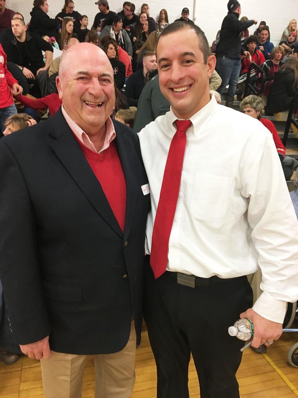 Jimmy Clift (left) was Honesdale's very first varsity wrestling coach. He's pictured here at the 50th anniversary of that inaugural team back in 2018. Also shown is current skipper Ryan Chulada.