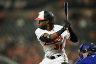 Baltimore Orioles' Cedric Mullins waits for a pitch from the Toronto Blue Jays during the third inning of a baseball game, Thursday, Aug. 24, 2023, in Baltimore. (AP Photo/Julio Cortez)