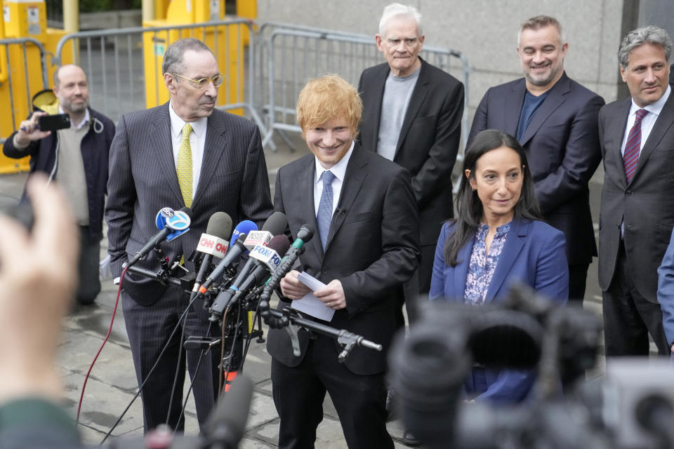 Recording artist Ed Sheeran speaks to the media outside New York Federal Court after wining his copyright infringement trial, Thursday, May 4, 2023, in New York. A federal jury concluded that Sheeran didn't steal key components of Marvin Gaye’s classic 1970s tune “Let’s Get It On” when he created his hit song “Thinking Out Loud.” (AP Photo/John Minchillo)