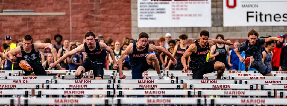 Galion's Linkon Tyrrell (middle) competes at the Marion Harding Night Invite earlier in the year. On Thursday, he was the best hurdler in the MOAC.
