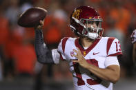 Southern California quarterback Caleb Williams drops back to pass against Oregon State during the first half of an NCAA college football game Saturday, Sept. 24, 2022, in Corvallis, Ore. (AP Photo/Amanda Loman)