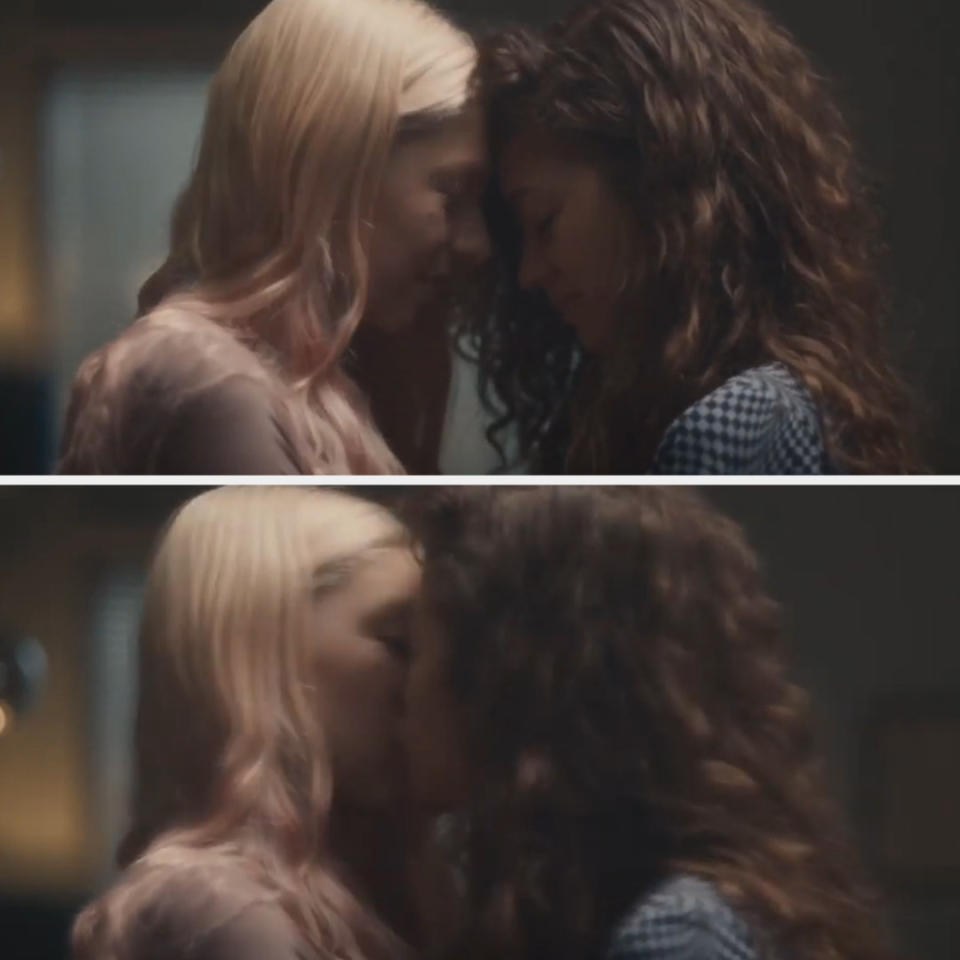 Rue and Jules touch foreheads and then kiss