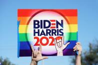 A Biden-Harris supporter holds a sign during a campaign event where U.S. Democratic vice presidential nominee Senator Kamala Harris (not pictured) speaks in Edinburg, Texas