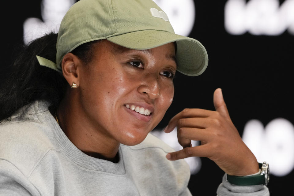 Japan's Naomi Osaka gestures during a press conference ahead of the Australian Open tennis championships at Melbourne Park, Melbourne, Australia, Friday, Jan. 12, 2024. (AP Photo/Mark Baker)