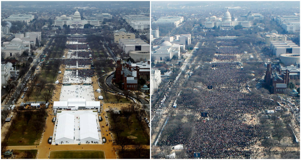 A combination of photos taken at the National Mall shows the crowds attending the inauguration ceremonies to swear in President Donald Trump, left, on January 20, 2017, and President Barack Obama, right, on January 20, 2009. (Photo: Reuters  Staff / Reuters)