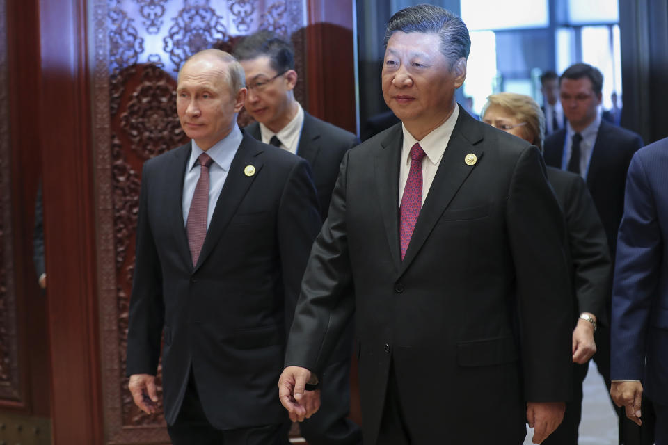 Russia’s President Vladimir Putin, left, and Chinese President Xi Jinping attend the Roundtable Summit Phase One Sessions of Belt and Road Forum at the International Conference Center in Yanqi Lake on May 15, 2017, in Beijing. (Photo: Lintao Zhang/Pool/Getty Images)