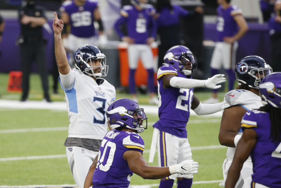 Tennessee Titans kicker Stephen Gostkowski (3) celebrates after kicking a 55-yard field goal during the second half of an NFL football game against the Minnesota Vikings, Sunday, Sept. 27, 2020, in Minneapolis. The Titans won 31-30. (AP Photo/Bruce Kluckhohn)