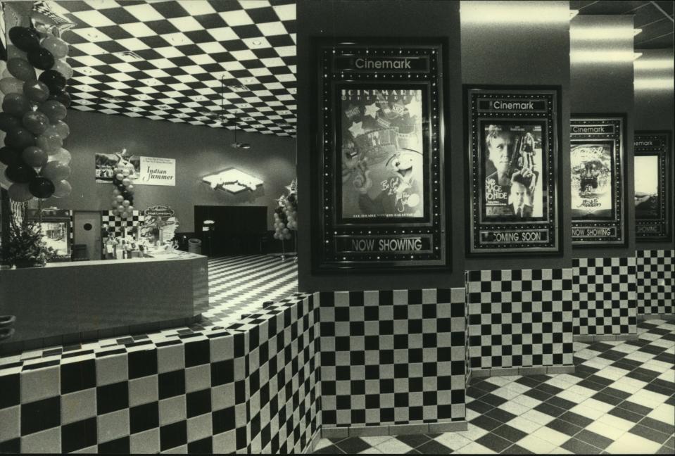 Milwaukee's new Movies 10 theater built by Cinemark in 1993 featuresa checkerboard pattern in the lobby. Marcus Theatres acquired the theater, built behind Southgate Mall, in 1998 and renamed it Southgate Cinema. The theater was closed in September 2023.