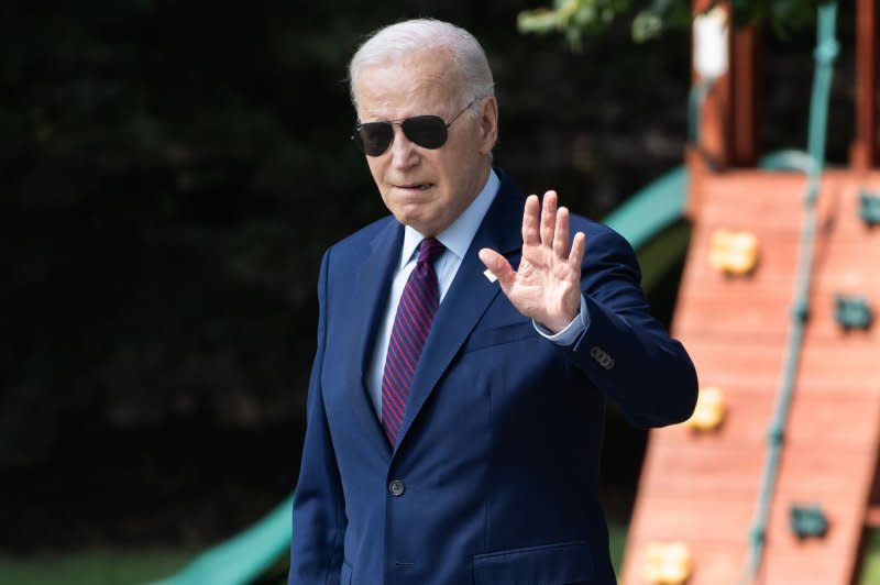 President Joe Biden walks on the South Lawn of the White House before boarding Marine One in Washington, D.C., on Friday. Photo by Nathan Howard/UPI