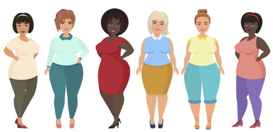 Diverse group of six animated plus-size women.