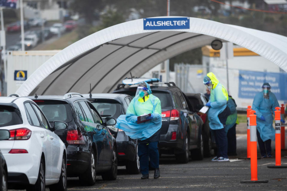 Tests are carried out at the Bondi Beach COVID-19 drive-through testing clinic. Source: Getty