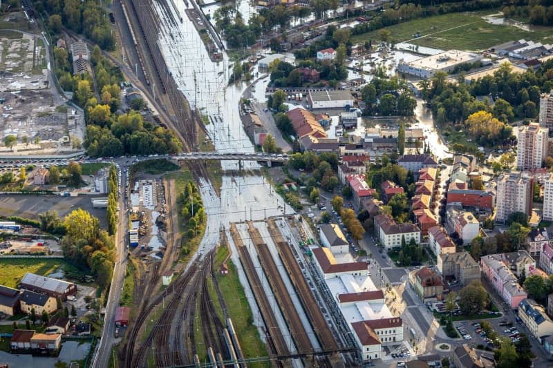 A drone image shows a flooded area after heavy rainfall. Sznapka Petr/CTK/dpa