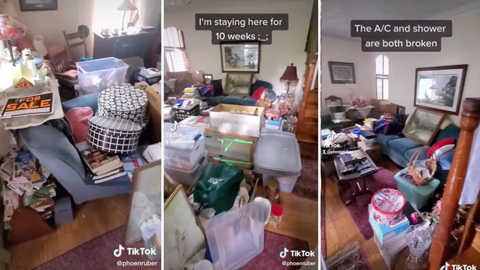 A TikToker had booked an Airbnb for 10 weeks, only to find mounds of stuff throughout the place she was staying. Source: TikTok/phoenruber