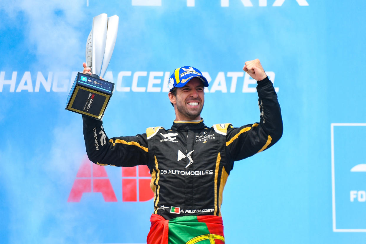 Jul 17, 2022; New York, New York, USA; First place finisher Antonio Felix Da Costa (13) reacts after winning the New York City E-Prix racing event at Brooklyn Circuit. Mandatory Credit: John Jones-USA TODAY Sports