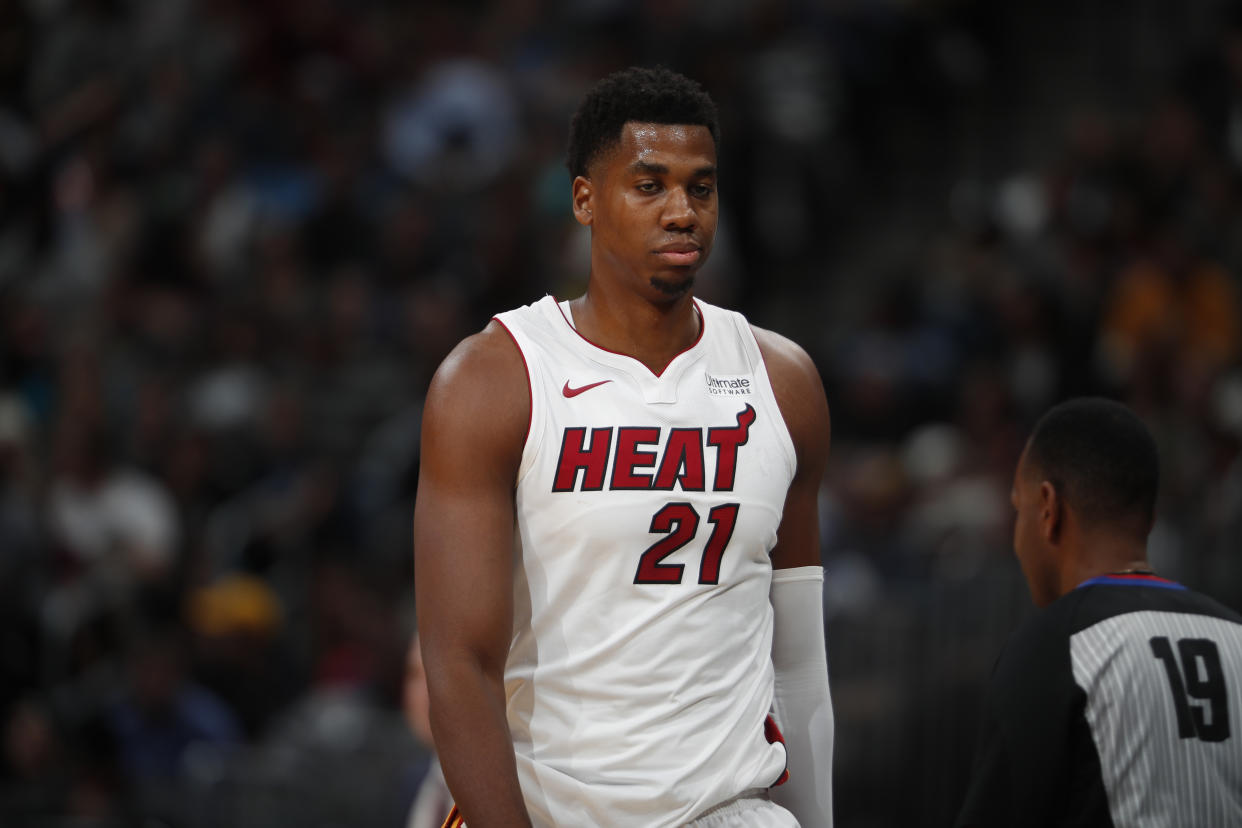 Heat center Hassan Whiteside has played through pain in his left knee for a month. (AP)