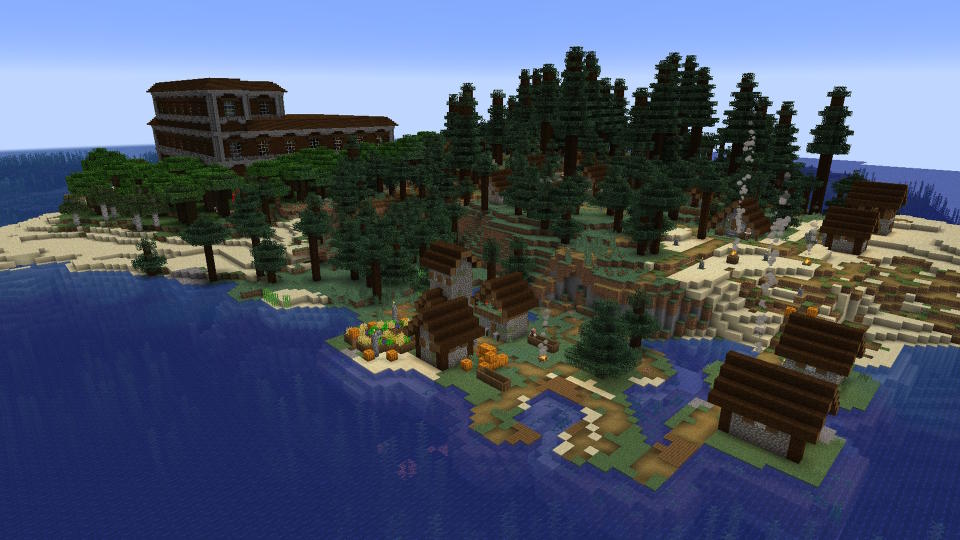 Minecraft seeds - a spruce village faces off against a woodland mansion on a big island