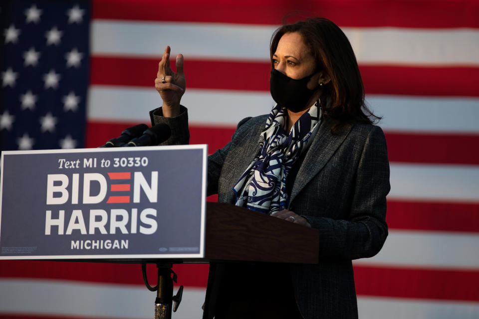 Harris speaks at a campaign event in Detroit, Michigan, on Sept. 22, 2020. (Photo: Emily Elconin / Reuters)