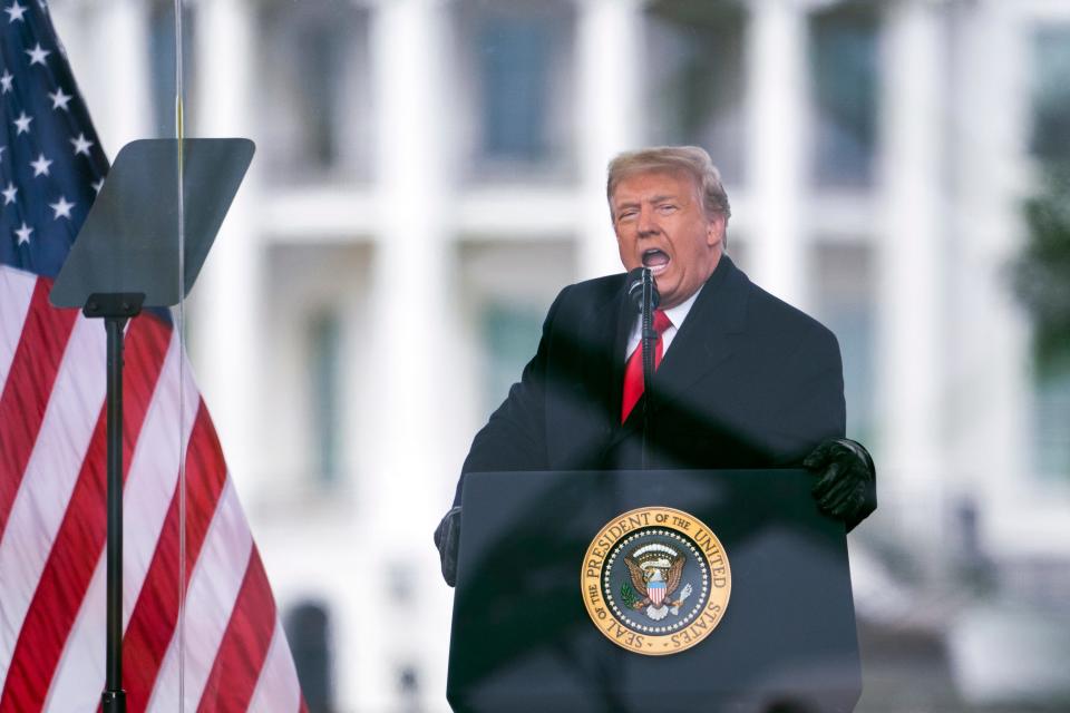 FILE - President Donald Trump speaks during a rally protesting the electoral college certification of Joe Biden as President in Washington, on Jan. 6, 2021. (AP Photo/Evan Vucci, File) ORG XMIT: WX301