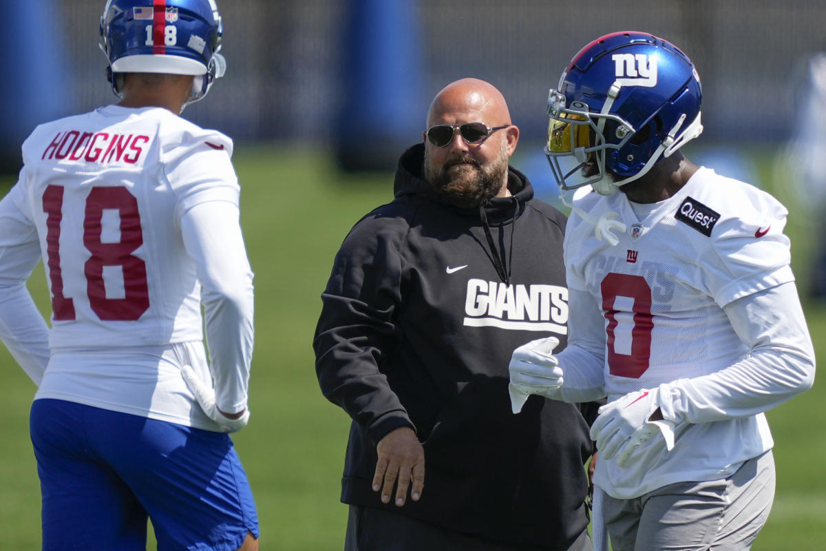 New York Giants wide receiver Isaiah Hodgins (18) runs with the