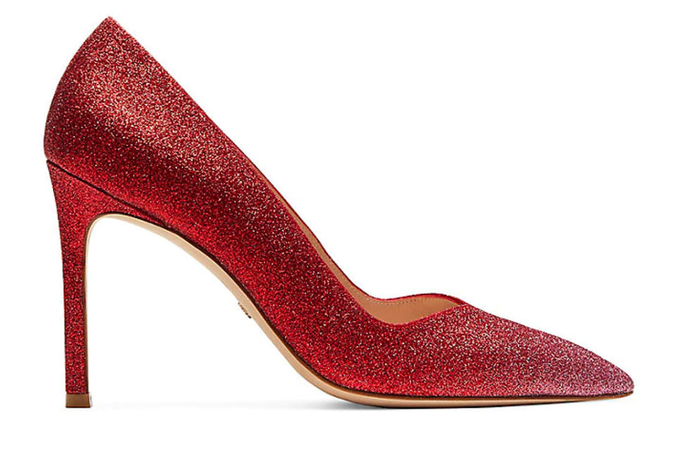 red heels, glitter, pumps, sandals, stuart weitzman