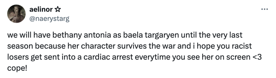 Tweet expressing support for Bethany Antonia as Baela Targaryen, hoping critics are proved wrong by her character's survival