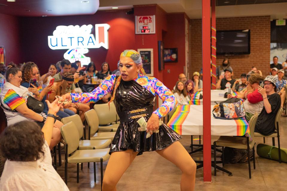 Drag queen Priscilla McNamara performs at the Hall of Fame Club during Pride Night on Thursday. Hundreds of people attended the annual celebration during the Visalia Rawhide game that was presented by The Source LGBT+ Center.