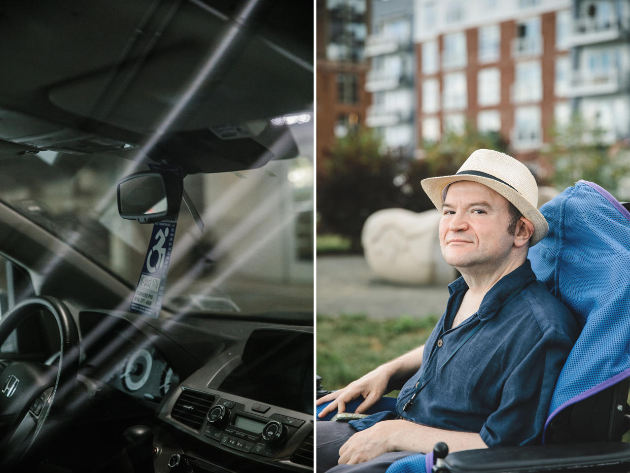 A handicap parking permit inside the van of Ansel Lurio. (Laurel Golio for NBC News)