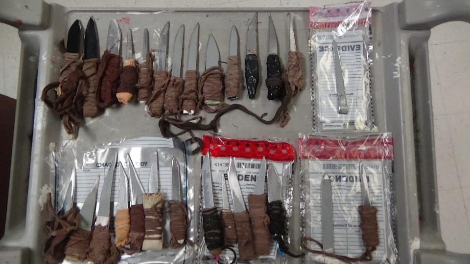 A cache of makeshift knives seized at Hazelton federal prison by officers during a single shift this month.