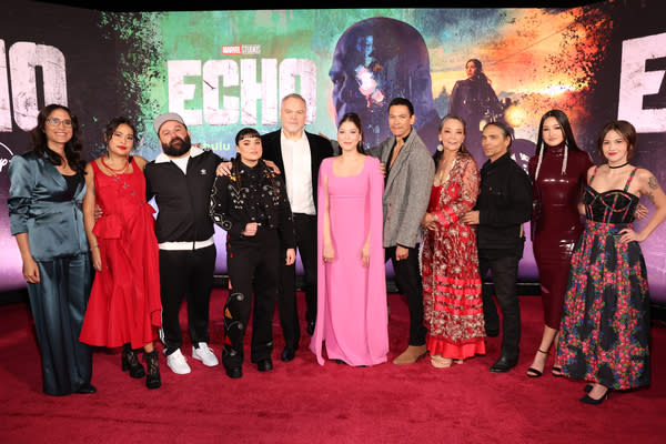  (L-R) Sydney Freeland, Morningstar Angeline, Cody Lightning, Devery Jacobs, Vincent D'Onofrio, Alaqua Cox, Chaske Spencer, Tantoo Cardinal, Zahn McClarnon, Dannie McCallum and Katarina Ziervogel attend the Echo Launch Event at Regency Village Theatre in Los Angeles, California on January 08, 2024. (Photo by Jesse Grant/Getty Images for Disney)