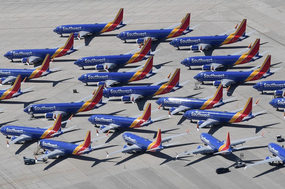 Southwest Airlines Boeing 737 MAX aircraft are parked on the tarmac after being grounded, at the Southern California Logistics Airport in Victorville, California on March 28, 2019. (Photo: Mark RALSTON / AFP) (Photo credit should read MARK RALSTON/AFP/Getty Images) 