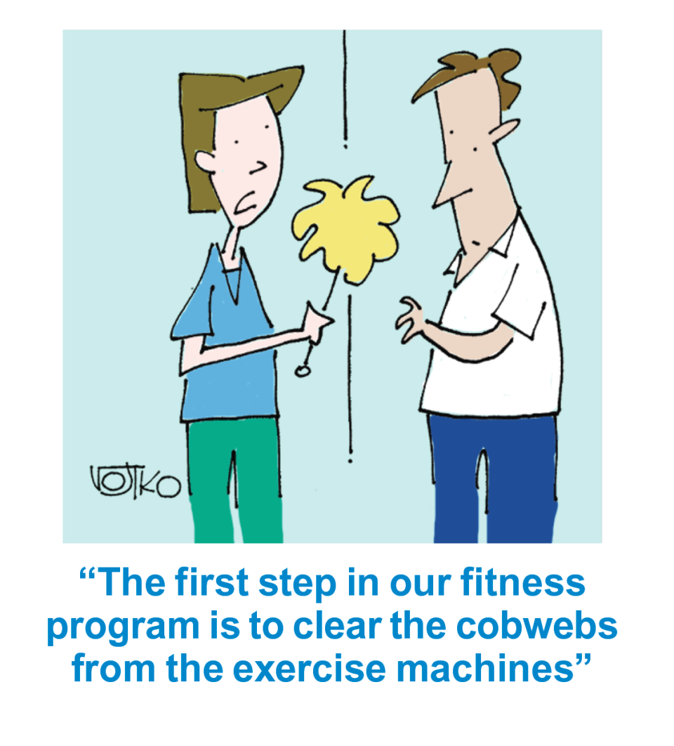 Exercise memes: Cartoon of couple with woman saying, 