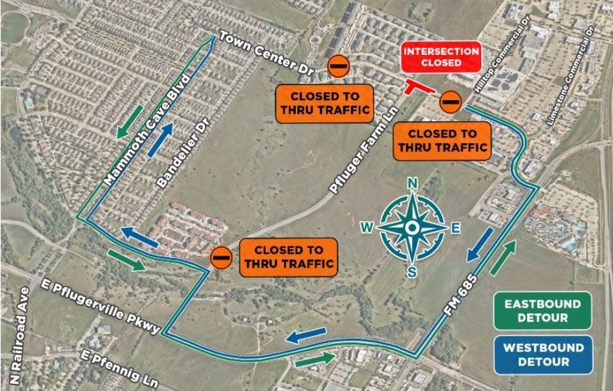 Construction of the roundabout at Town Center Drive and Pfluger Farm Lane began on Tuesday.