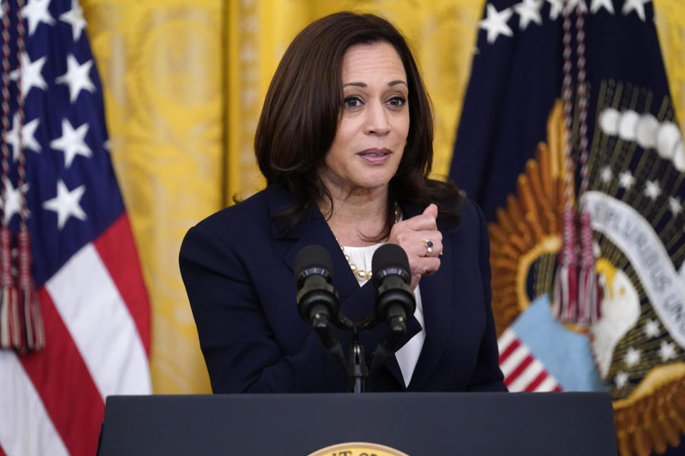 Vice President Kamala Harris speaks during an event to mark the passage of the Juneteenth National Independence Day Act, in the East Room of the White House, Thursday, June 17, 2021, in Washington. (AP Photo/Evan Vucci)