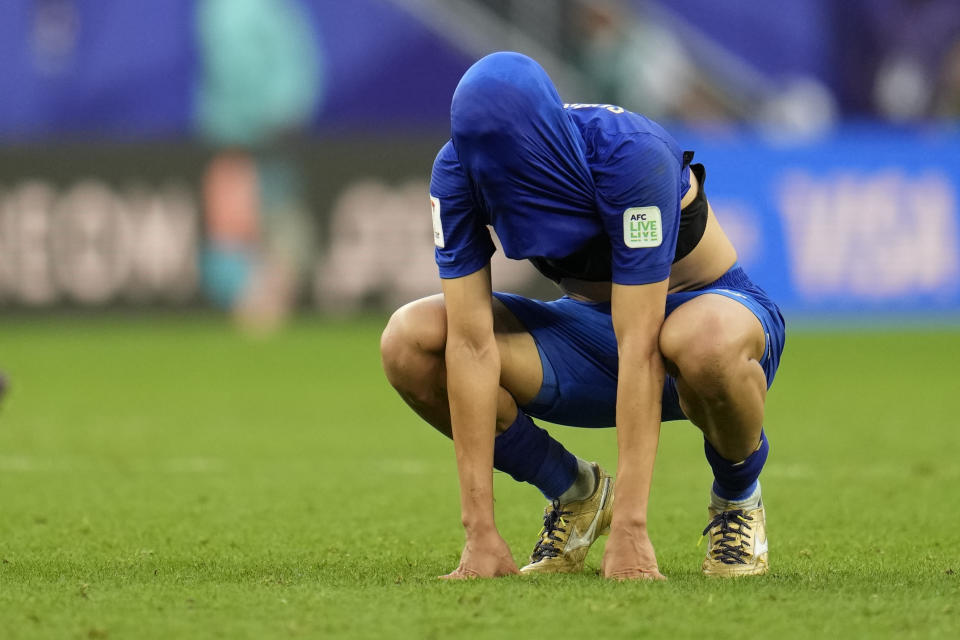 Thailand's Supachai Chaided is dejected at full time of the Asian Cup round of 16 soccer match between Uzbekistan and Thailand at Al Janoub Stadium in Al Wakrah, Qatar, Tuesday, Jan. 30, 2024. Uzbekistan won 2-1. (AP Photo/Aijaz Rahi)