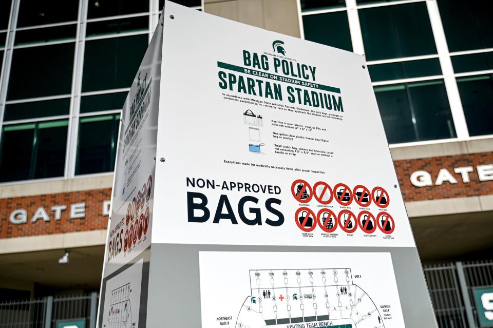 Signs alerting attendees about the bag policy are posted outside Spartan Stadium on Wednesday, Aug. 30, 2023, in East Lansing ahead of the opening football game.