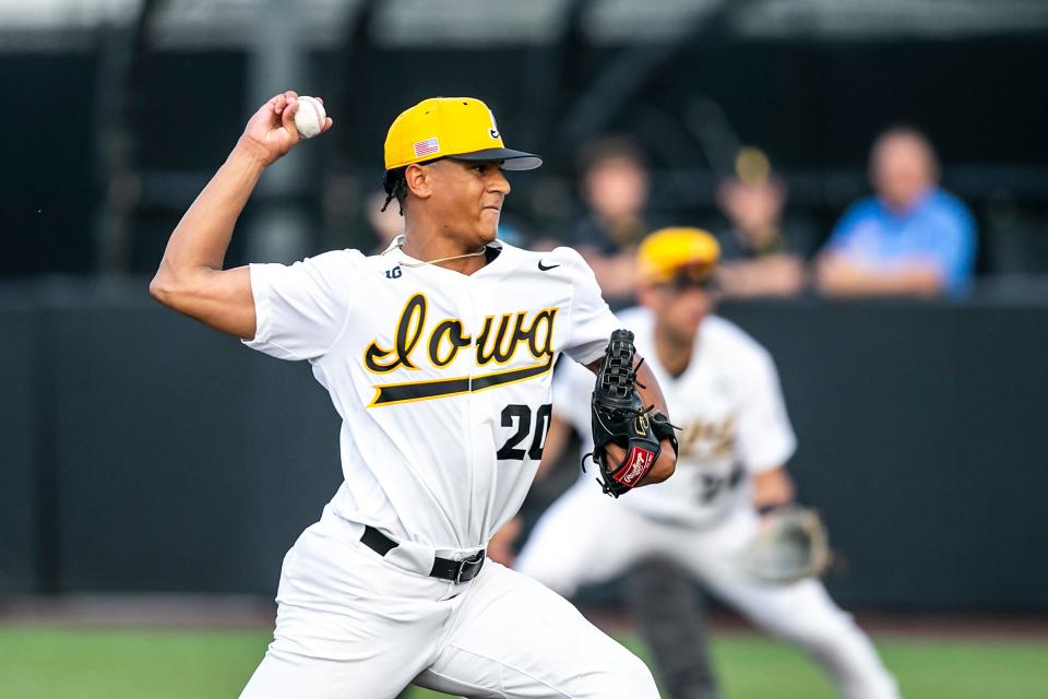 Iowa pitcher Marcus Morgan pitches against Michigan State in the 2023 Big Ten tournament.