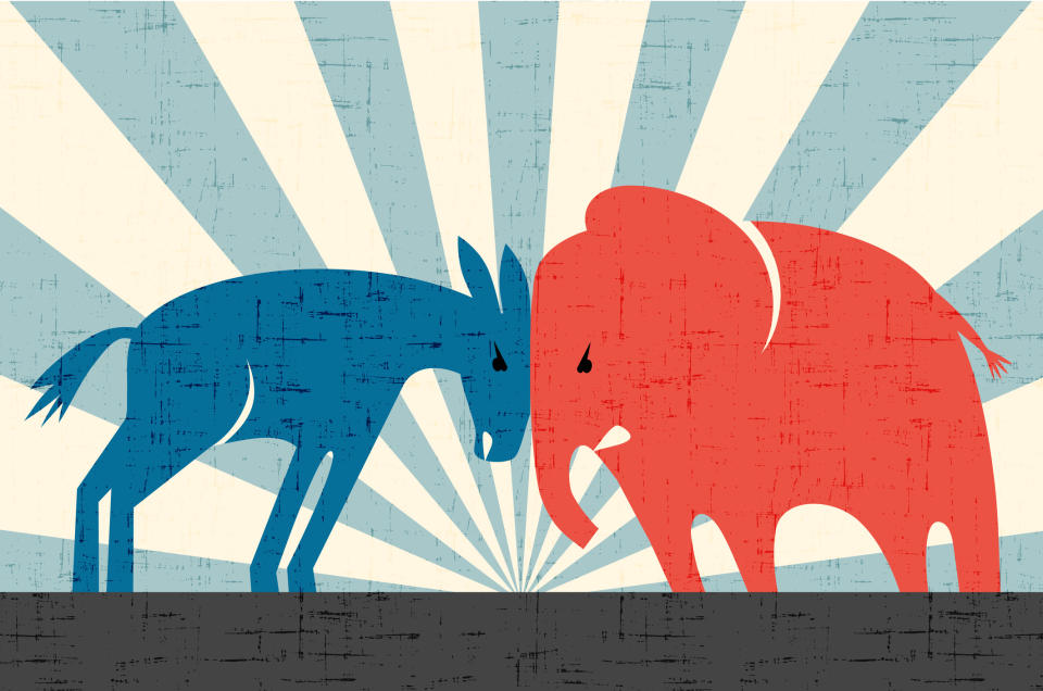 A blue Democrat donkey and red Republican elephant butting heads.